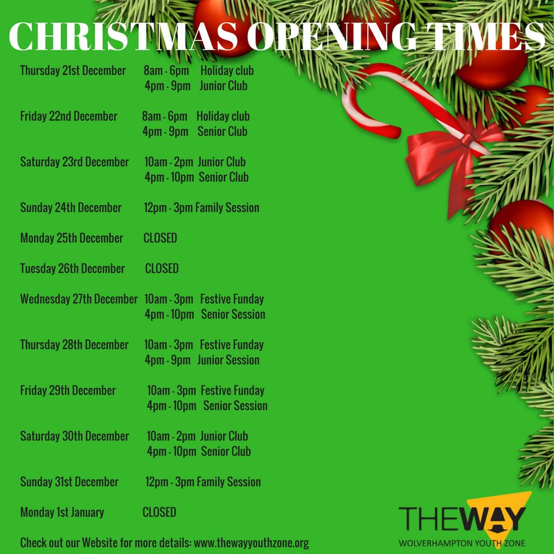 TheWayYouthZone's tweet image. We're off now guys as we break up for Christmas today. We'll be back in the New Year. The building will still be open for young people and sessions but please make sure you check out the opening times/days over the festive period.  Merry Christmas everyone!