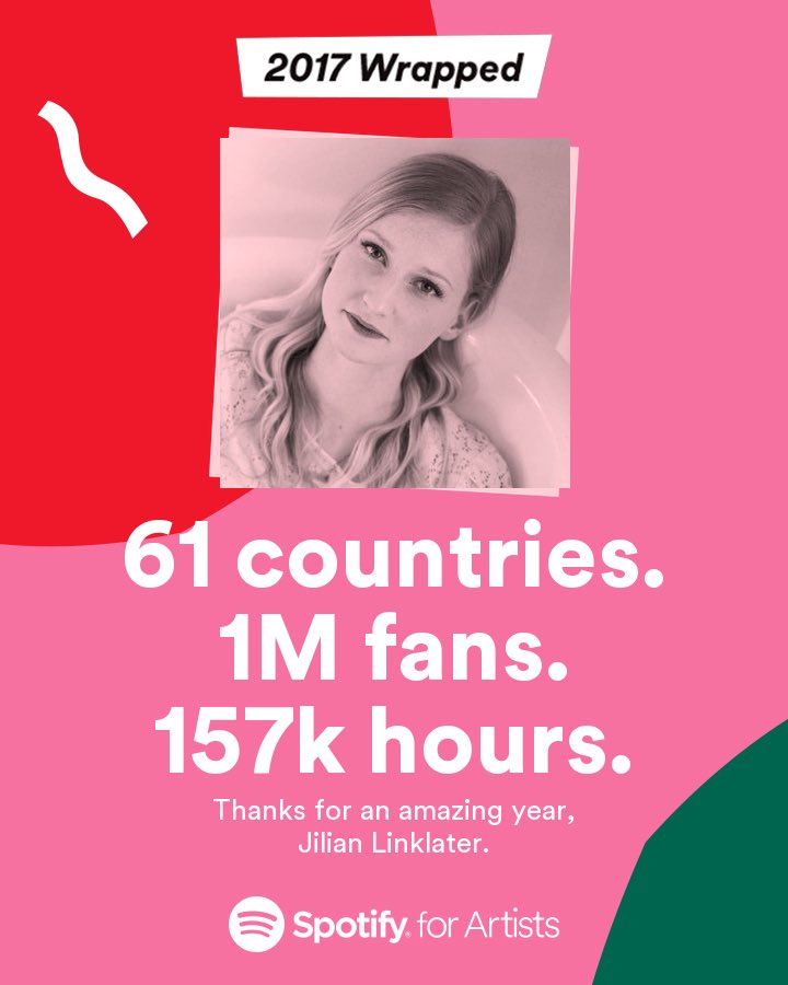 jilianlinklater's tweet photo. Thank you #spotify and thank YOU for listening to my music, for supporting me and believing in me! I hope you join me on my crazy messy journey into 2018. I think it's going to be a good one! #spotifywrapped #spotifywrapped2017 #howmanyhours? #thankyouthankyouthankyou https://t.co/YqLTdMNyBB