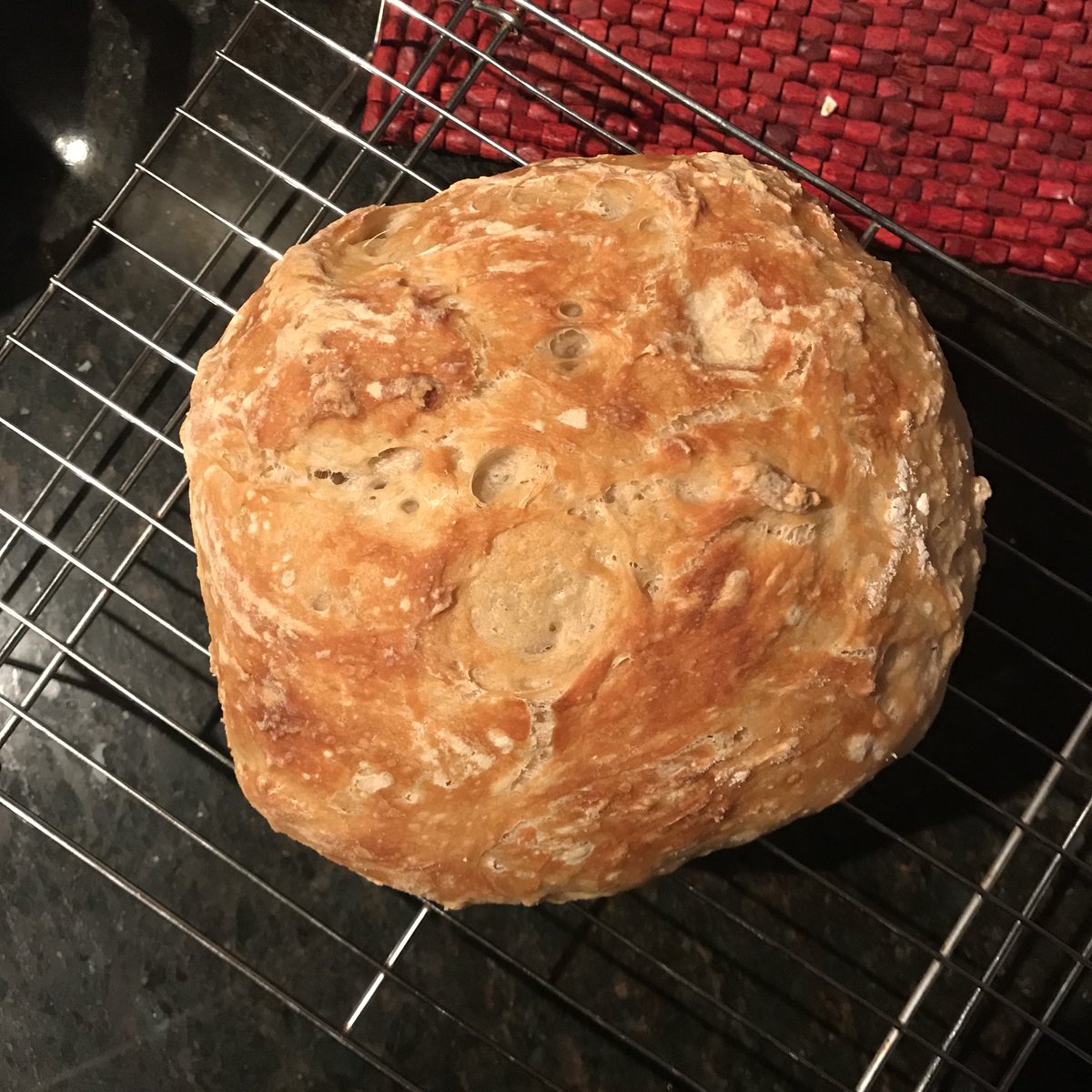 Bread #4: Almost No-Knead Bread. So, the idea of this bread is supposed to be that you can make an artisan-style loaf very easily. The catch is it takes forever. Very little active time but looonnnng rise. You also need a Dutch oven.