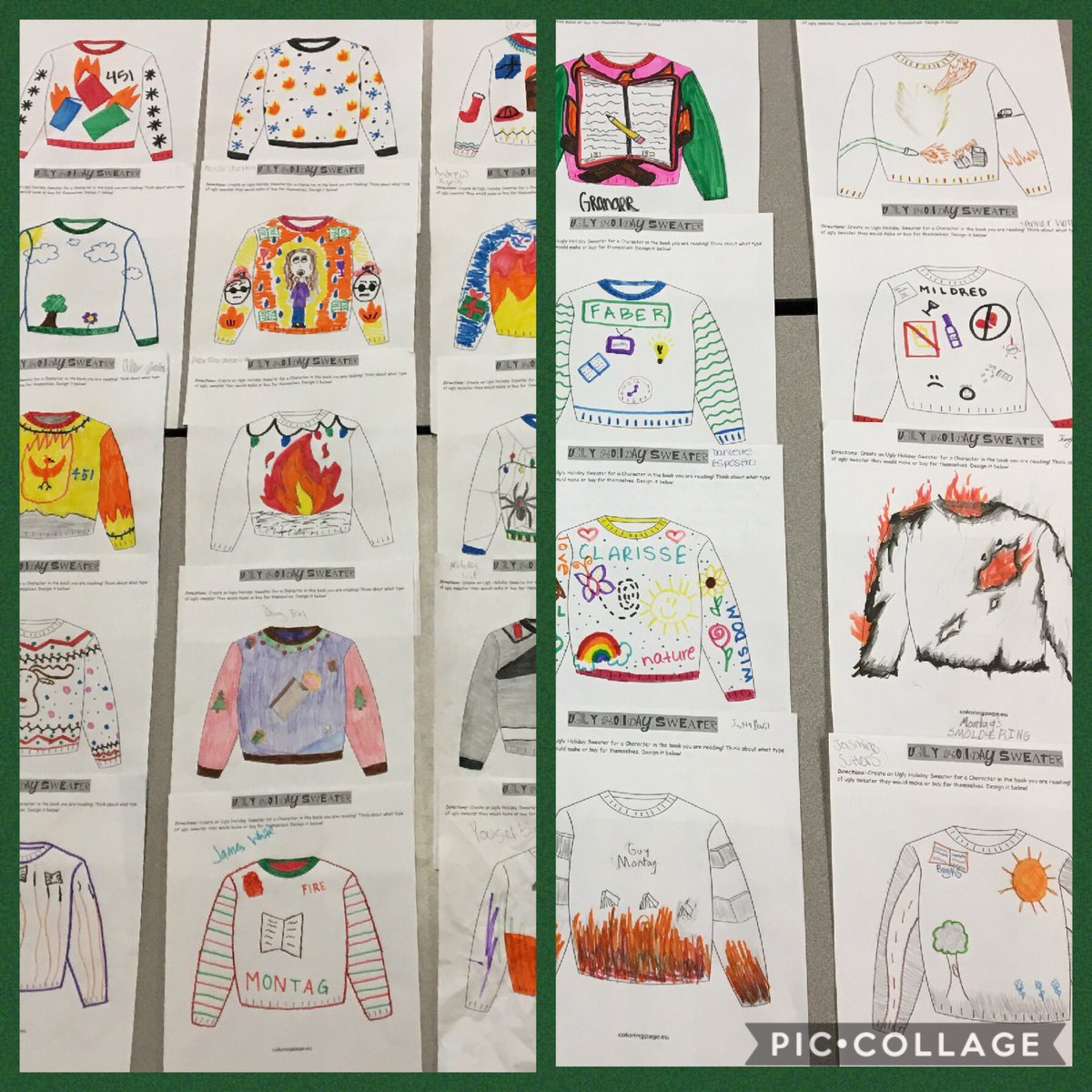 OJEagles108's tweet photo. Our Fahrenheit 451 themed Ugly Holiday Sweaters! What a fun little project to end the book with! How would Montag or Millie decorate a sweater? #learningwithligon #piccollage @ojheagles #osd135 https://t.co/fIEsQ0tkFX