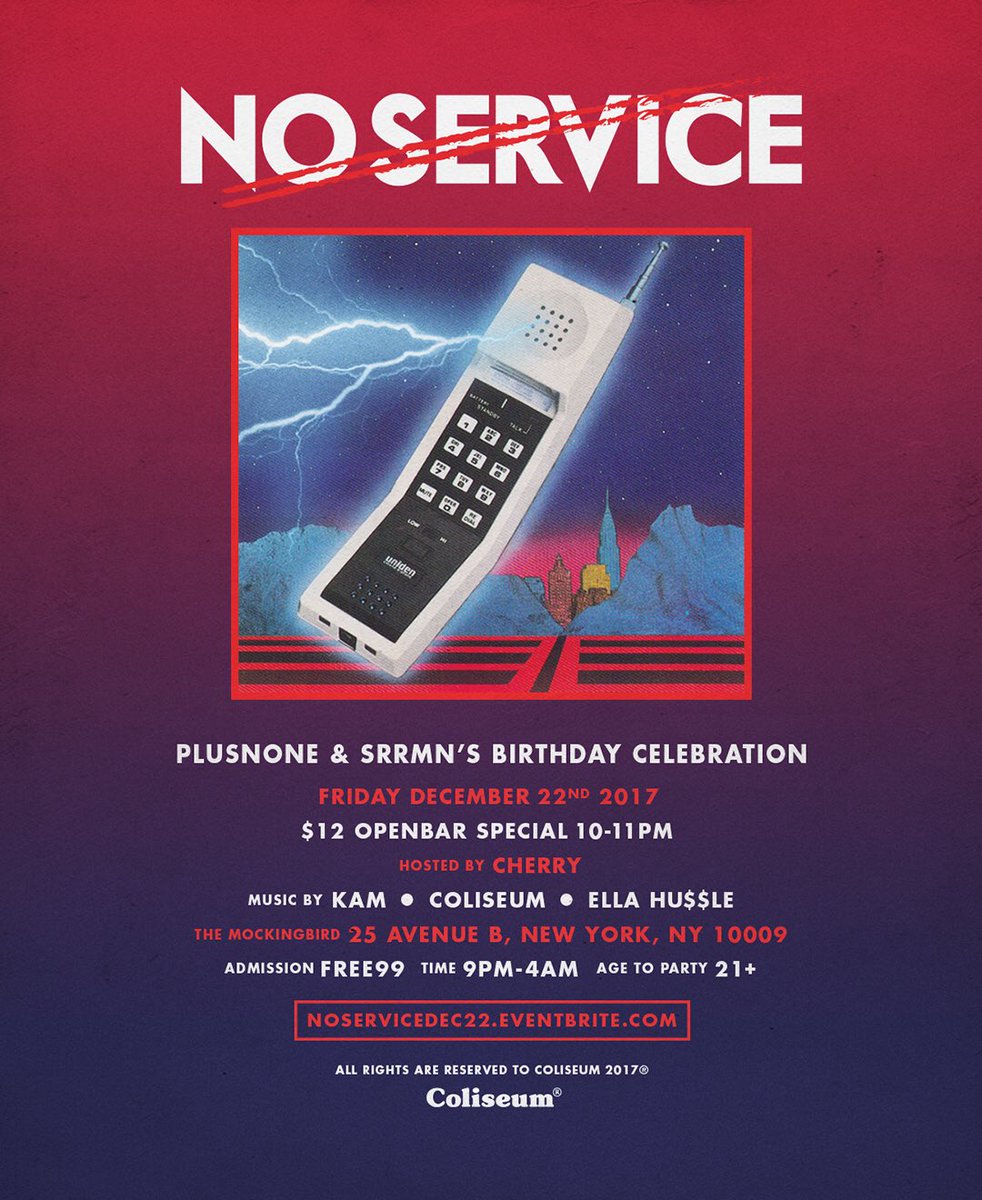 ColiseumRecords's tweet image. Thanks to everyone that made No Service a successful event series this year! Tonight will be the last one of 2017 🙏🏽 Lets keep it rocking into 2018. 

RSVP: noservicedec22.eventbrite.com