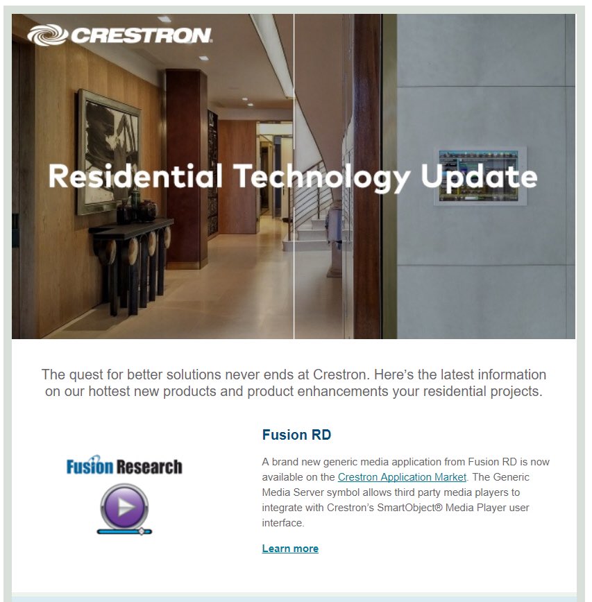 Crestron just announced our joint work on their generic audio driver.  If you use #crestron, you need to try our #musicservers #fusionresearch #spotify #itunes