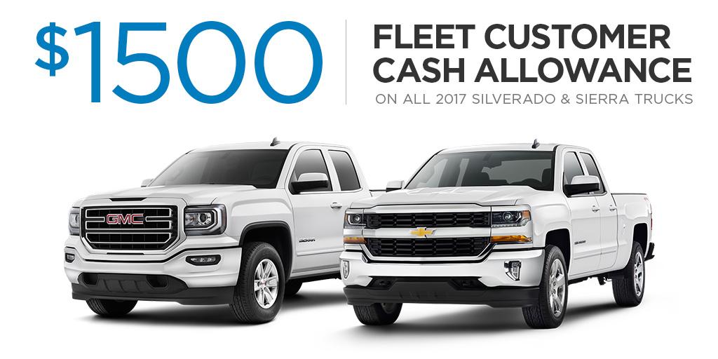 GM_Fleet's tweet photo. Eligible non-CAP GM Fleet customers can take advantage of $1500 Fleet Customer Cash Allowance on all 2017 Silverado and Sierra trucks. Take delivery by January 2, 2018! This offer can be combined with select Fleet incentives. Learn more today: https://t.co/RVSPyFMZKb https://t.co/kGKqhXvajD