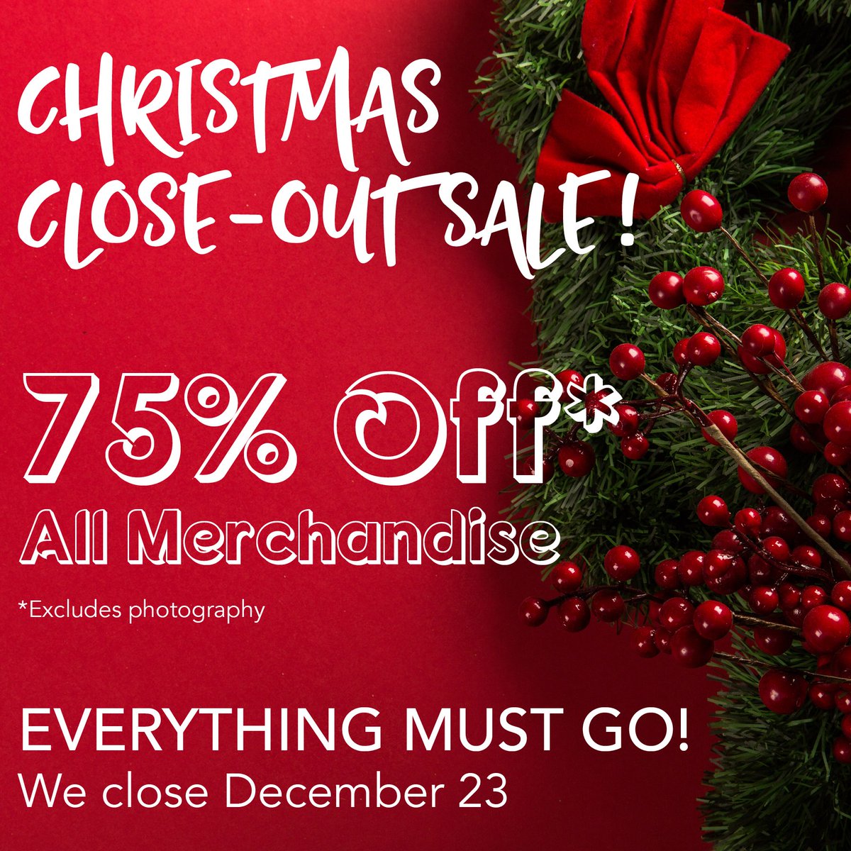 TODAY and TOMORROW are the last days to shop our Christmas Close-Out 75%-Off all merchandise Sale! We are also offering discounts on our current exhibits, as well as all archived prints. Please stop by or call us at 310-452-2842 for more details. We hope to see you soon!