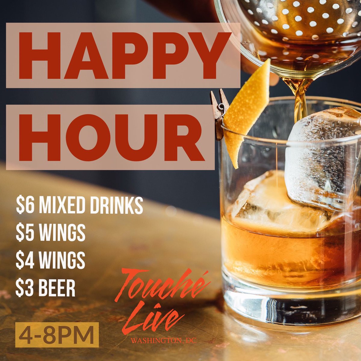 Touche_Club's tweet photo. TGIF‼️So stop by to get your drink &amp; eat on at DC's #️⃣1️⃣ Happy Hour lounge, Touché Live, 4-8pm and indulge in our great food &amp; drink specials! We got hookah too‼️ #happyhour #hot #thirsty #tuesday #touchédc #drinkspecials #wine #beer #cocktails #wings #goodeats https://t.co/DHJomhRj1R