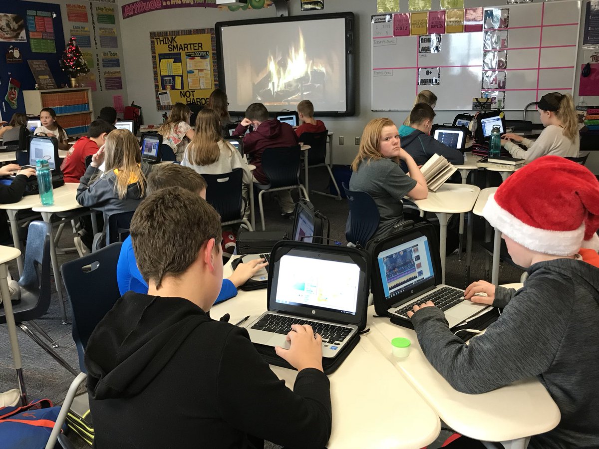 BFMath6's tweet photo. Study hall is relaxing into break by the “fire”. #bfmslearns #breakisalmosthere https://t.co/J6BuGQfU3D