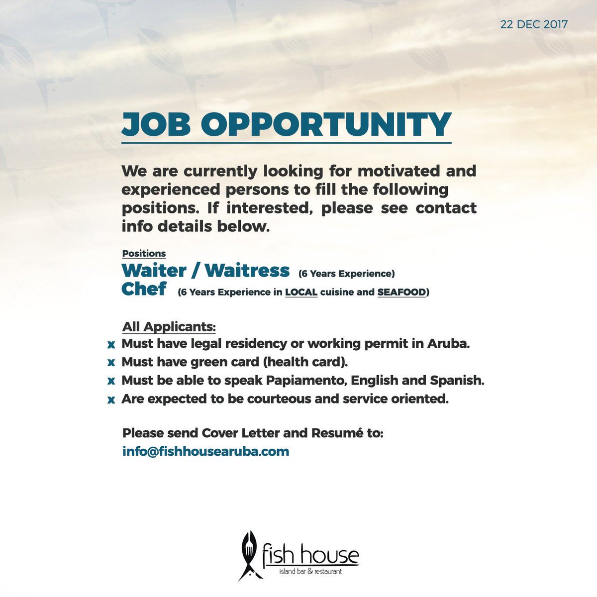 Fish House Island Bar &amp; Restaurant is looking to expand the family!