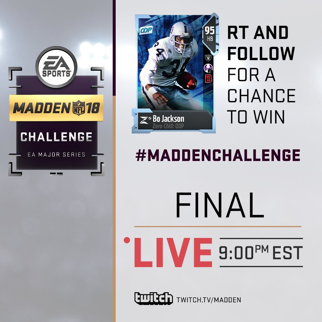 MUTGuru's tweet photo. One of the most freakish athletes to ever carry the rock. RETWEET and FOLLOW for a chance to score Bo!

Catch the #MaddenChallenge FINALS TONIGHT AT 9:00pm EST! 

🏈🎮💻 ➡️ https://t.co/cUY4YhvmCs https://t.co/ZGJYZmXhv0