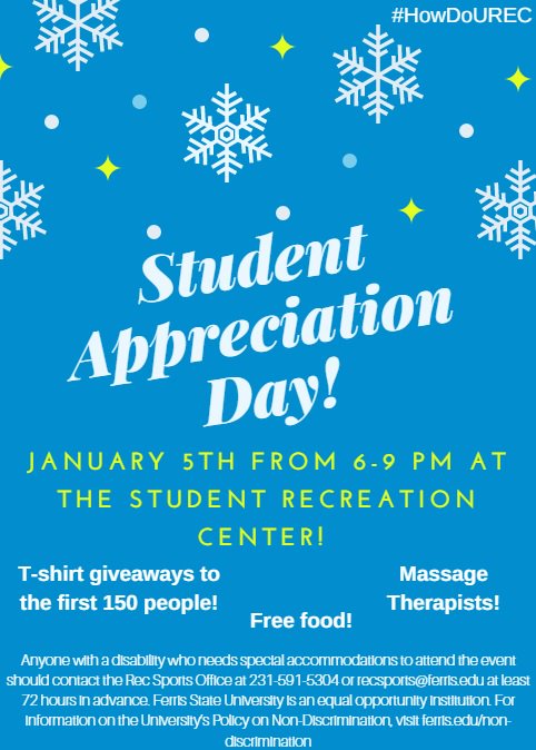 FerrisUREC's tweet photo. Come enjoy some free food at our Student Appreciation Day! Free t-shirts to the first 150 students who come out. #HowDoUREC #FerrisLife https://t.co/kdipekzNWP