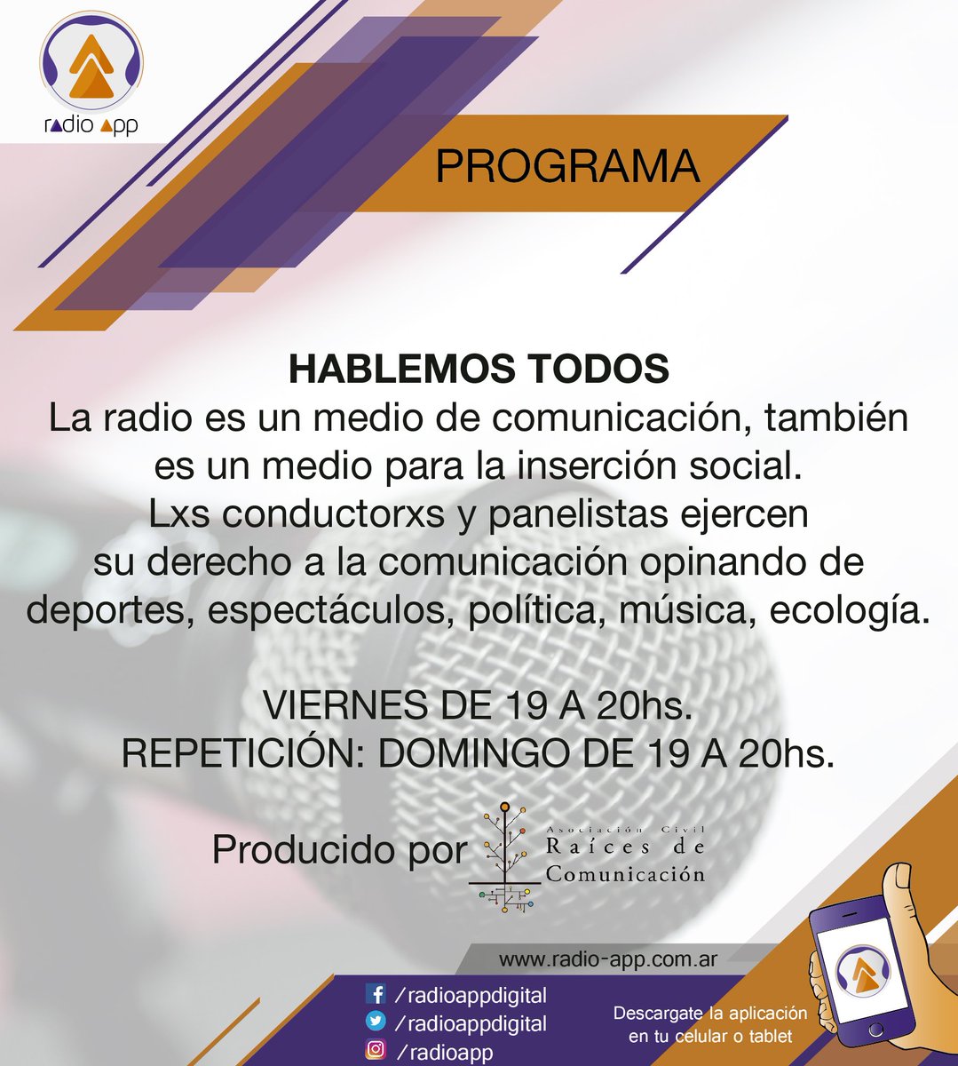 radioappdigital's tweet photo. EN INSTANTES| Escuchá un nuevo programa de #HablemosTodos con mucha información de la actualidad, debates, humor y buena música. Una producción de @RaicesComunica https://t.co/buInqlp9kD https://t.co/vOIb5fRdF1
