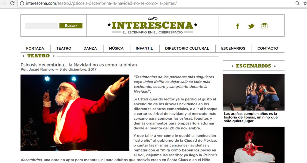 InterescenaMX's tweet photo. Ultimas  funciones de #Psicosisdecembrina hoy @ForoShakespeare Nosotros solo recomendamos lo mejor y ésta es una puesta qué no puedes dejar de ver! https://t.co/VgRIC9i3UD https://t.co/he4QVhtKcn