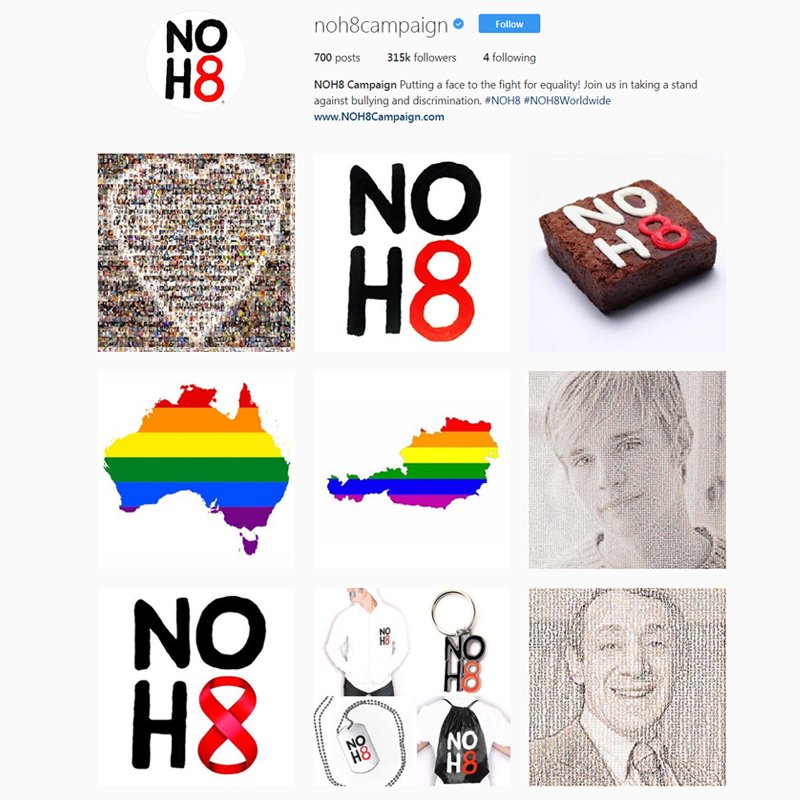 NOH8Campaign's tweet photo. We are now verified on Instagram! ✓ Follow us as we continue to spread the message of #NOH8 worldwide! →→→ https://t.co/ISOAx8mLze https://t.co/S9pCixXFuw