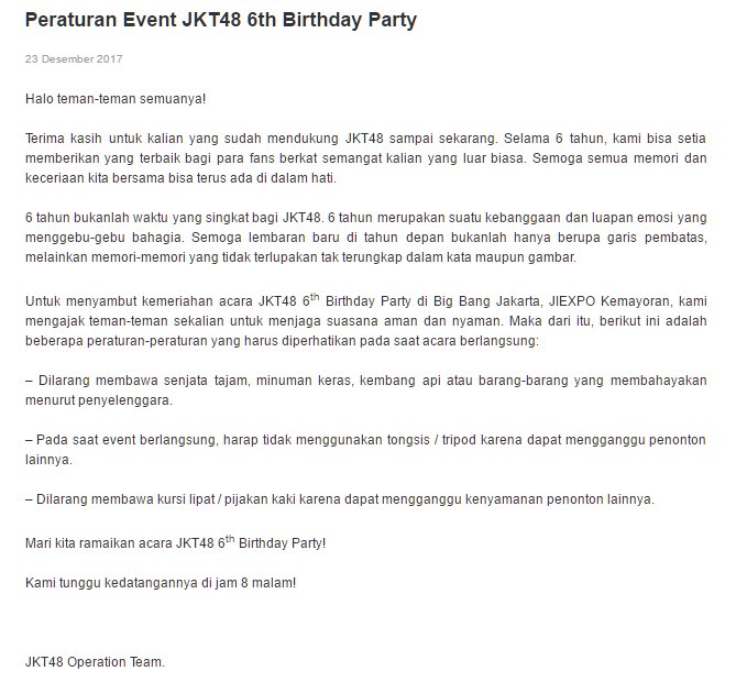 FansBuih's tweet photo. [NEWS] Peraturan Event JKT48 6th Birthday Party 
https://t.co/U2acy7QJzY https://t.co/g2DLm7DWt7