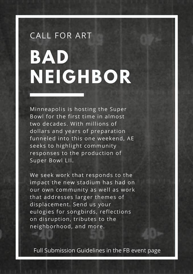 alteredesthetic's tweet photo. BAD NEIGHBOR: How do you feel about the city’s handlings of hosting the Super Bowl in Mpls? Deadline is Dec 31st! See full guidelines here: https://t.co/AIXdDK7AB1 https://t.co/BGXBZDQnDV