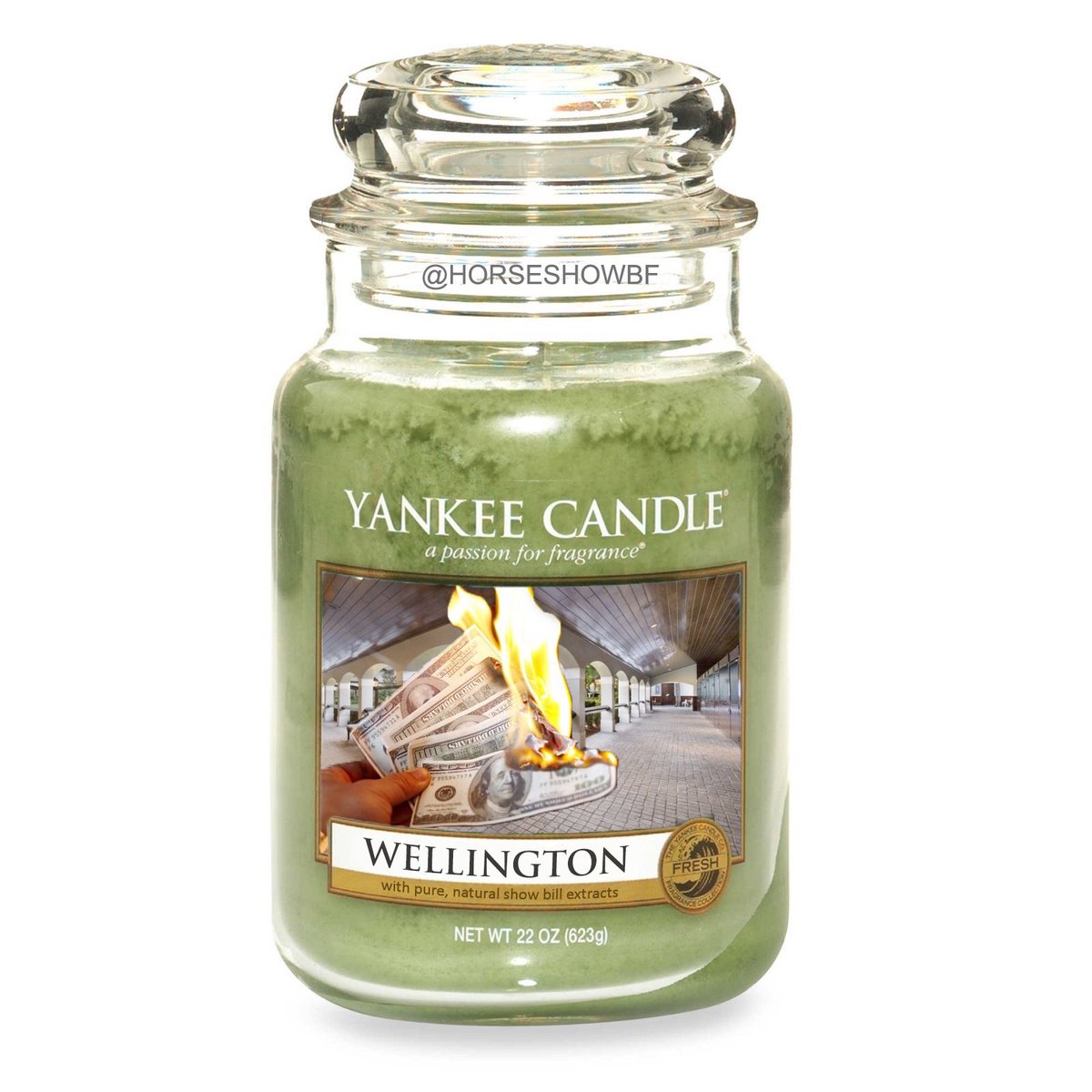 HorseShowBF's tweet photo. Bring the horse show to your home this holiday season with the new Wellington scented Yankee Candle, featuring the smell of burning money. Extracted from real show bills! https://t.co/Jo199Hk9le