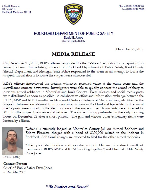 Rockford_DPS's tweet photo. Additional information regarding armed robbery arrest. @RockfordMich https://t.co/oc5q0L5t2X