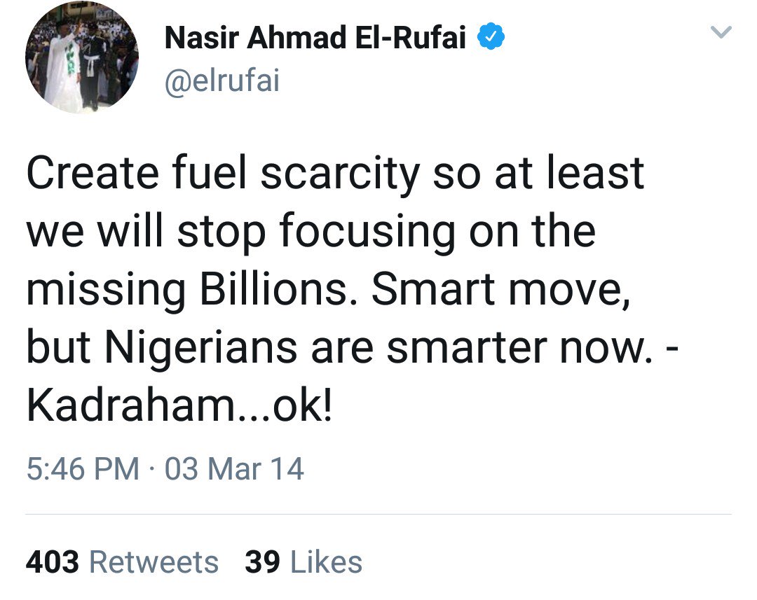 ADCVanguard_'s tweet photo. Dear @elrufai (The Buharist),
 
So, create fuel scarcity so at least we will stop focusing on the missing Billions of dollars I.e $26 bn #BaruGate? Smart move, but Nigerians smarter now not kindergarten. https://t.co/fz9zsr9M8m