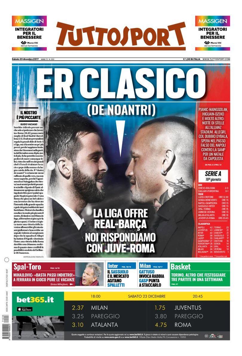 tuttosport's tweet photo. Ecco la prima pagina di oggi:
- #JuveRoma Er Clasico (de noantri)
- #SpalToro, Mihajlovic: «Basta passi indietro!»
- #Inter, il #Sassuolo e il mercato agitano Spalletti
Leggi tutto su https://t.co/Gd2sB5X05d https://t.co/Y1Ur1ZyDhJ