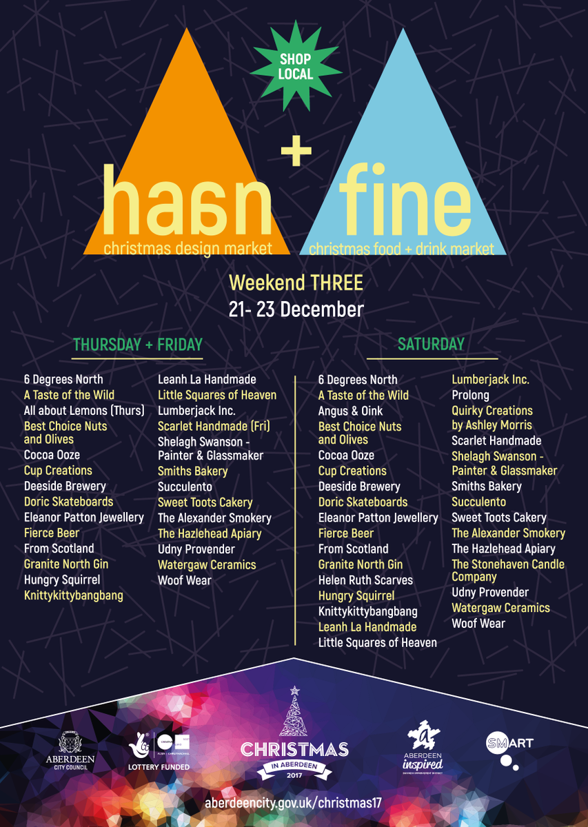 AberdeenCC's tweet photo. It's the final day of HAAN and FINE Market in Marischal College Quad. Open TODAY 10am-6pm with a selection of the best handmade crafts, stunning designs and delicious food and drink providers in the region! https://t.co/3EGPjOwRmp