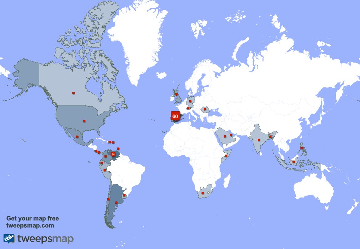 Mis seguidores viven en España(60%),Venezuela(15%),Argentina(6%) y más tweepsmap.com/!ClashNachosan