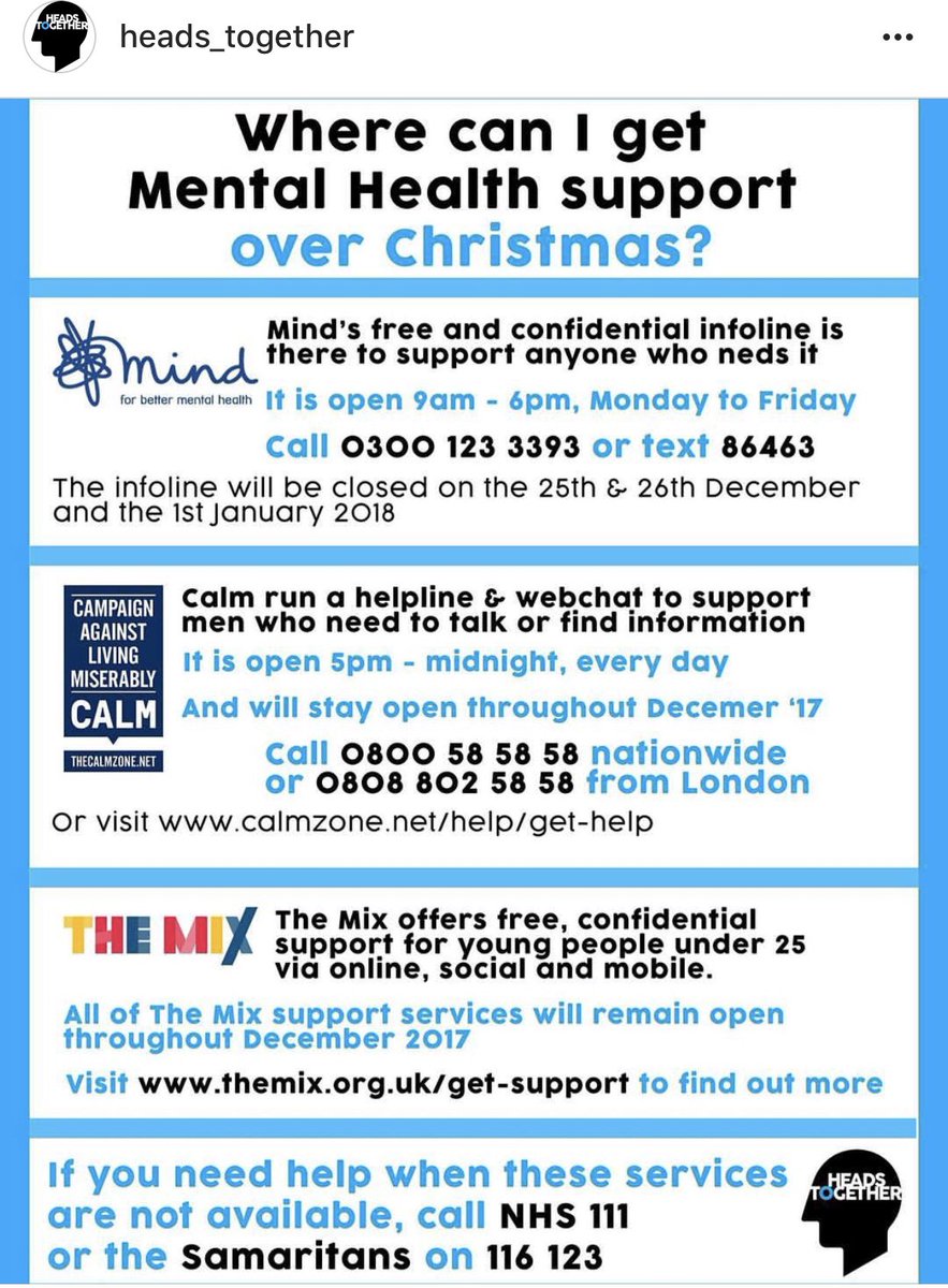 LauraFieldCCN's tweet photo. Mental health struggles don’t stop just because its Christmas time. If you’re in need of support contact these services #MentalHealthMatters #headstogether https://t.co/U8X4ahzhbC