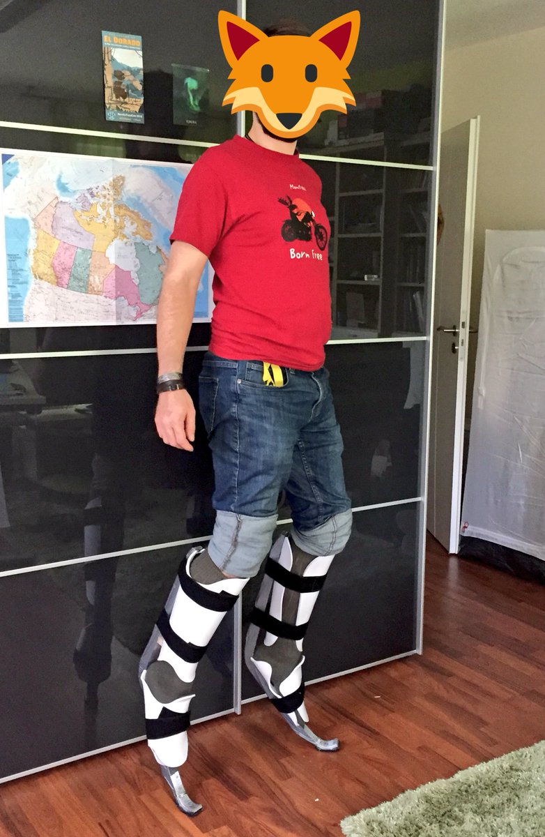 My improved stilts weigh only 1kg each, raise me by 15cm and allow for ludicrously small paws. RT to get other makers started on this tech. #fursuit #foxonstilts