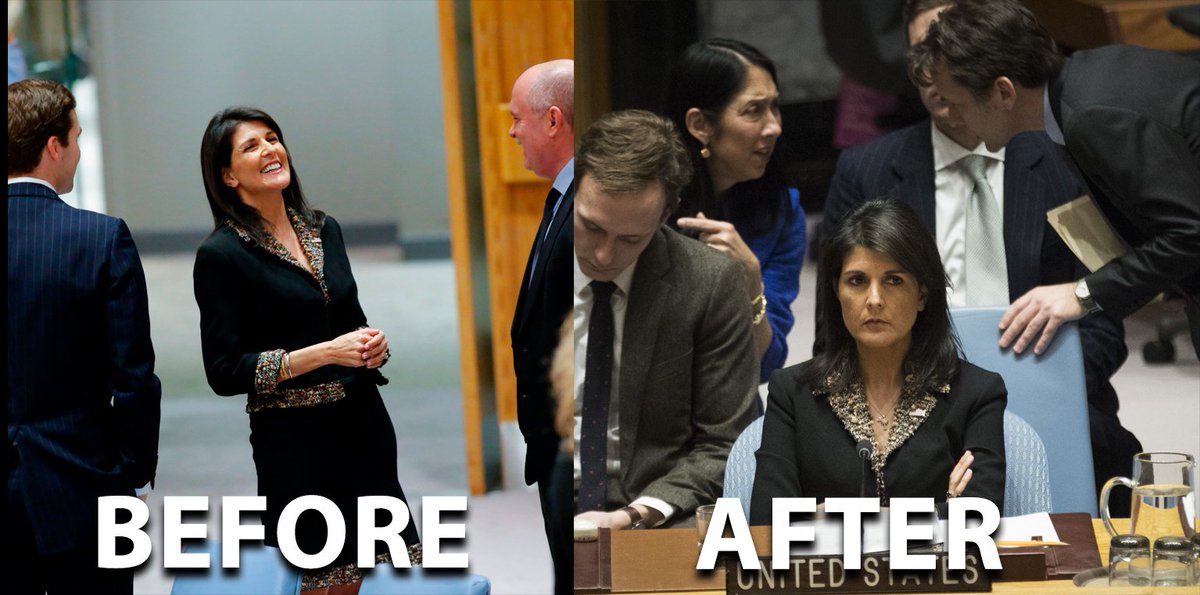 Compare US ambassador <a href="/nikkihaley/">Nikki Haley</a> before/after  #UNSC vote on #Jerusalem #AlQuds.

#FreePalestine