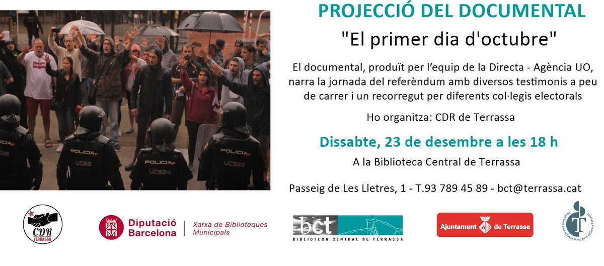 bctxarxa's tweet photo. Projecció del documental de @La_Directa "El primer dia d'octubre", aquesta tarda a les 18 h a la #biblioteca bct. Organitza: el @CDR_Trs https://t.co/Dq34GUS0T7