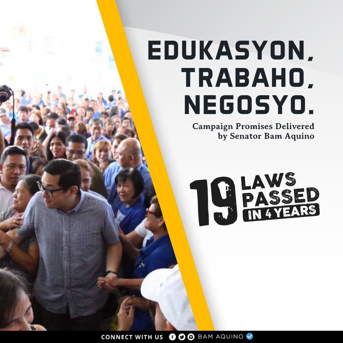bamaquino's tweet photo. Edukasyon. Trabaho. Negosyo. Before 2017 ends, let’s look back on the campaign promises delivered by Sen. Bam Aquino in just 4 years. Tuloy ang laban sa 2018. Please retweet. Salamat!  #BamWorks [TeamBam] https://t.co/gBwE3js78W