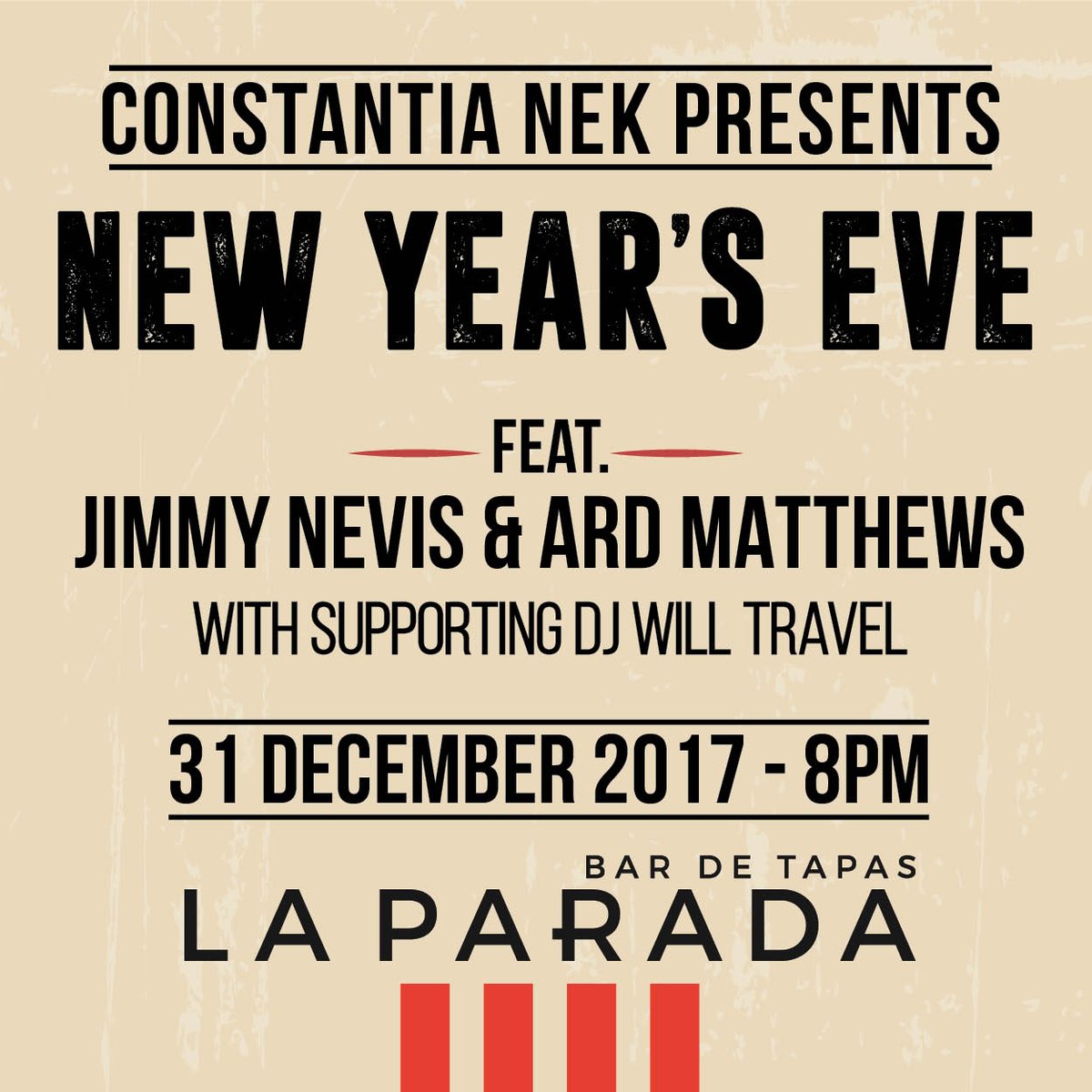 Last year’s New Year’s Eve was a monumental success, so it made sense to end 2017 with a bigger bang than ever before. This year <a href="/LaParada_ZA/">La Parada</a> have lined up SA's favourites <a href="/JimmyNevis/">JimmyNevis</a> &amp; <a href="/ardmatthews/">ARD matthews</a> to make this a truly special night. Win tickets here: bit.ly/2z8epD0