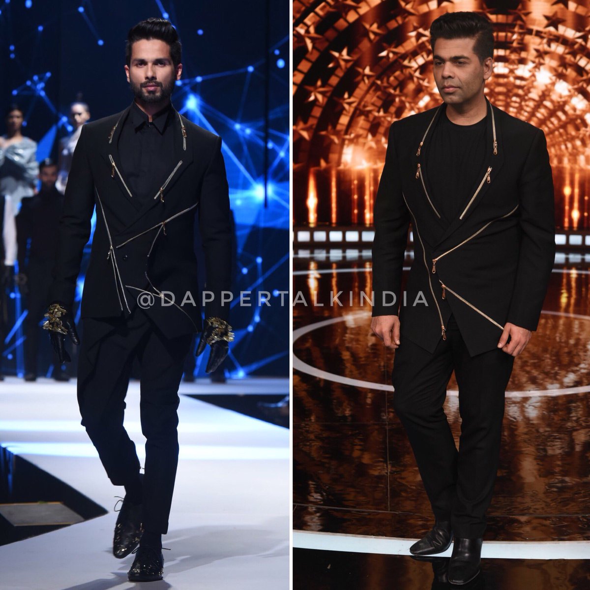 dappertalkindia's tweet photo. For the opening episode of #IndiasNextSuperstars, #KaranJohar chose to wear a @TheLabel_GG multi zipper slashed suit. You might remember seeing it on #ShahidKapoor - when he walked for the designer’s GQ Fashion Nights show last month. Karan looked good! https://t.co/X9klorDC0z