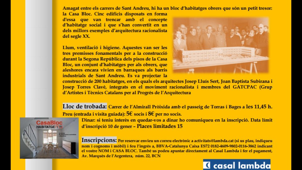 Sortida #cultural: Visita guiada a la Casa Bloc el 14 de gener. #Arquitectura racionalista del s.XX. Inscripcions a acivitats@lambda.cat.
