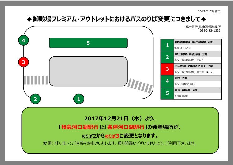 富士急行バス 公式 在 Twitter 上 12 21 御殿場プレミアム アウトレットのバス乗り場が一部変更しております 特急 河口湖駅行と各停 河口湖駅行はのりば3から出発致しますので お間違いないようご利用くださいませ 御殿場営業所 T Co Xi0k96s79q
