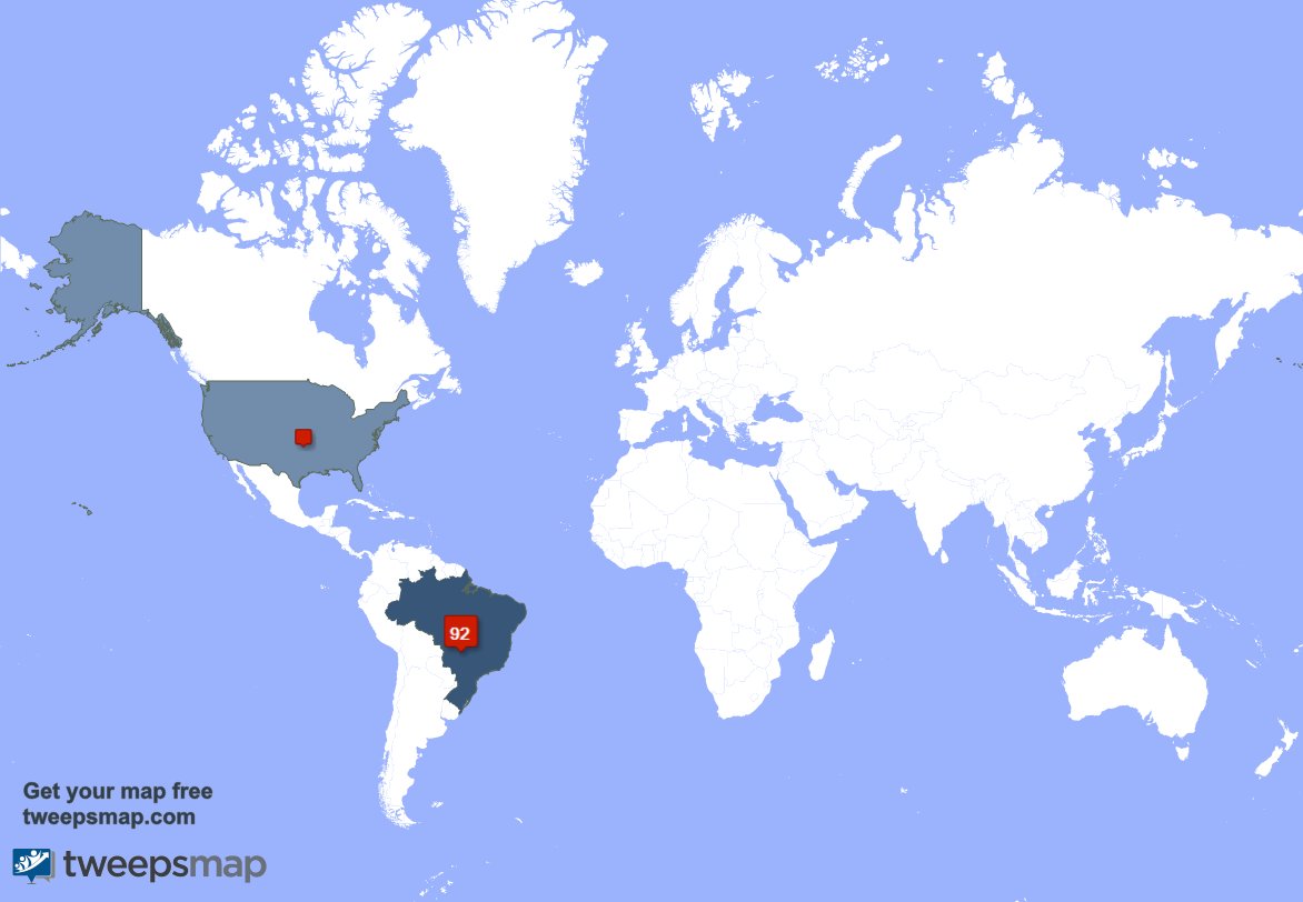 Meus seguidores são de Brasil(91%),EUA(8%),São Paulo(5%) tweepsmap.com/!yNexuuz