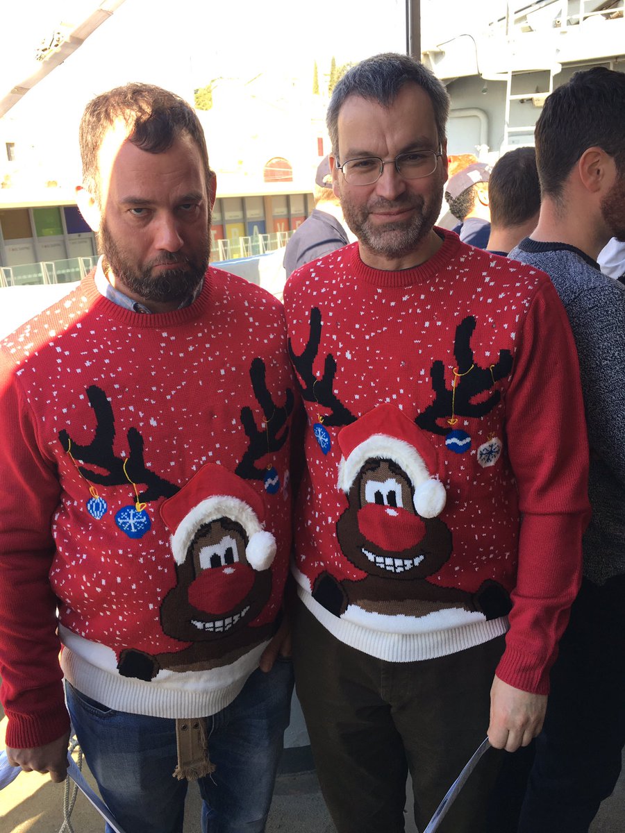 One of our WO1s is more enthused than the other to find out they've accidentally matched their Christmas jumpers. #Christmas #christmasjumpers #ChristmasSpirit #ChristmasAway #christmas2017 #deployedForChristmas #Rudolph #carolService