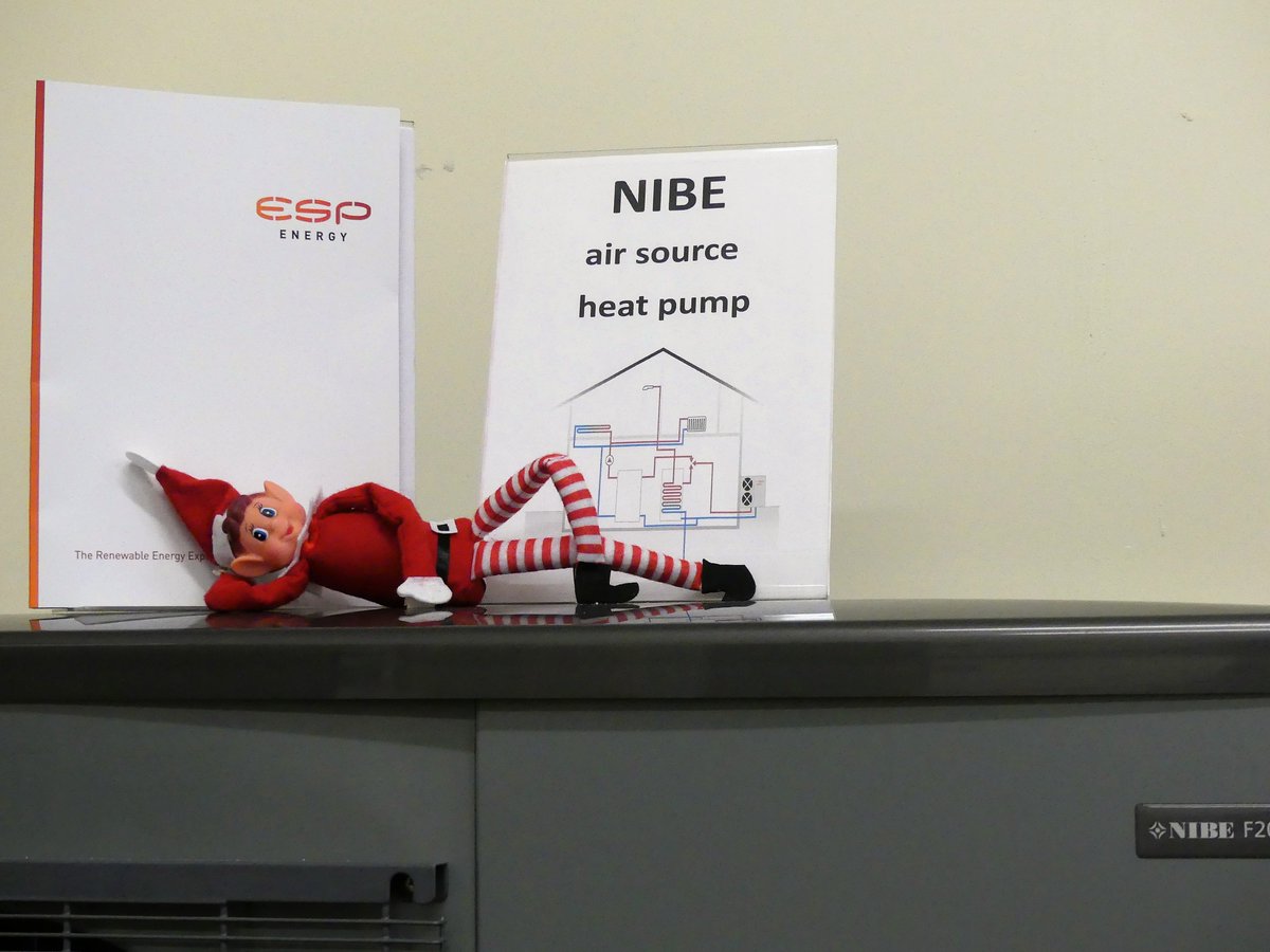 Showing off the #NIBEAirSourceHeatPump that we have at ESP HQ, Eco is doing  great! Absorbing heat from the outside which can be used to heat radiators &amp; domestic hot water an #AirSourceHeatPump can lower bills &amp; provide an income More info goo.gl/DjPfXU #elfontheshelf