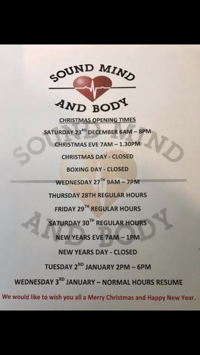 SoundMindBody1's tweet photo. Please note:

We close at 8pm today, 23rd December, and reopen at 7am, 24th December, tomorrow.

Merry Christmas 
#TeamSMB https://t.co/t87IiulL1O