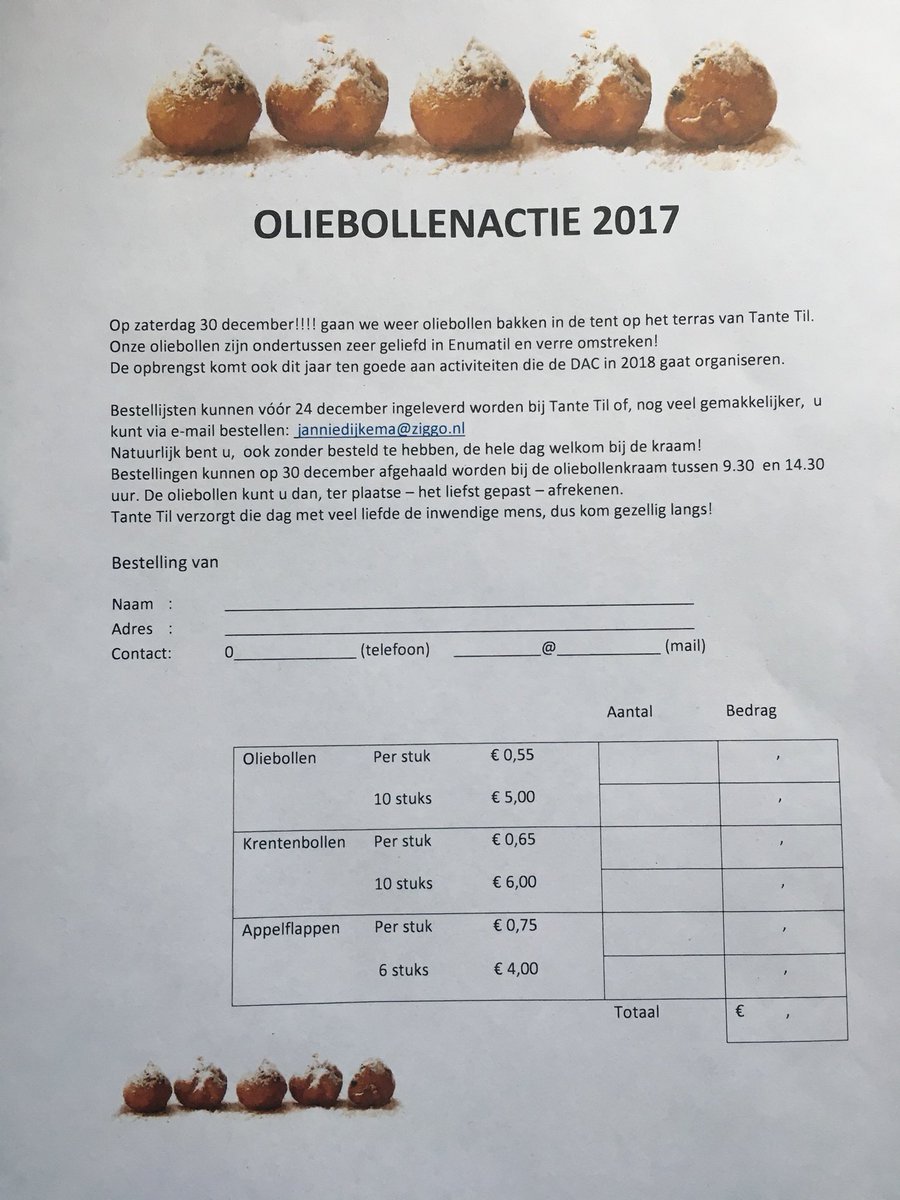 De fenomenale Enumatilster bollen gaan weer gebakken en verkocht worden. Bestel ze snel en ga smikkelend 2017 uit! RT = fijn, lekker en lief!
