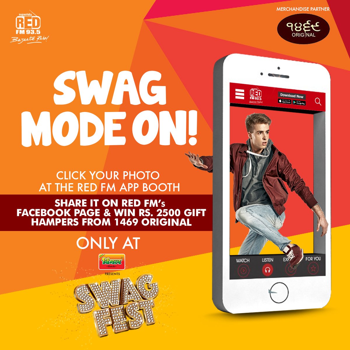 RedFMIndia's tweet photo. The fun never stops at #SwagFest! Click a picture with the Red FM app cut-out, share on the Red FM Facebook page using #RedFMApp and win gift hampers worth Rs.2500 from @1469original! #bajaateraho #HeavyWeightBhangra https://t.co/MzDyz9XsW4