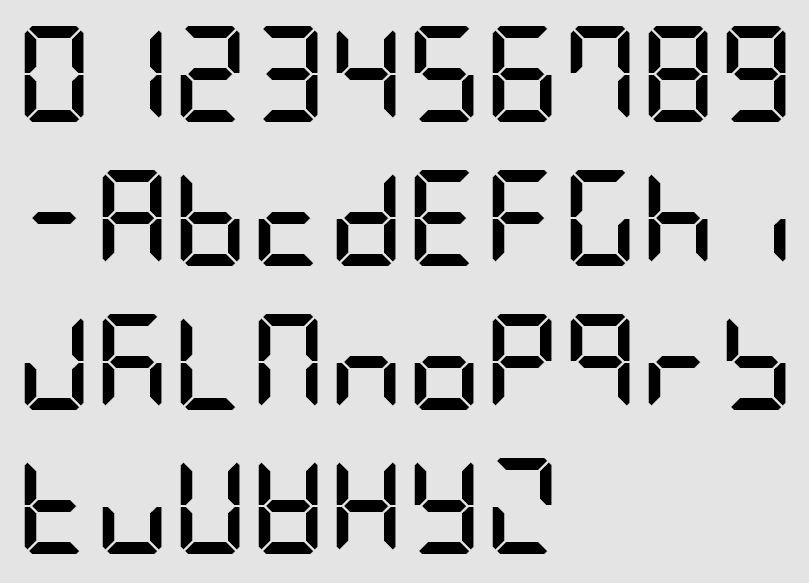Qvarie 前述のツイートの7セグメント英数字の画像に使用したフォントはdseg V0 43で このフォントに7セグメント 全組み合わせを収録したバージョンの追加もあってほしいです ちなみににしき的フォントの外字では7セグメント数字のみが含まれています