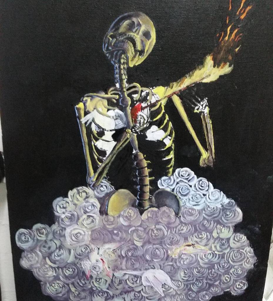 KErminasa's tweet photo. Christmas has rudely interrupted my progress on this painting. January will come and I will be back to it. #Kristineerminasa #erminasa #love #darkart #skeleton #painting #absession  #roses #dove https://t.co/JrmKkkEVTc https://t.co/Rh2O63Rh5V