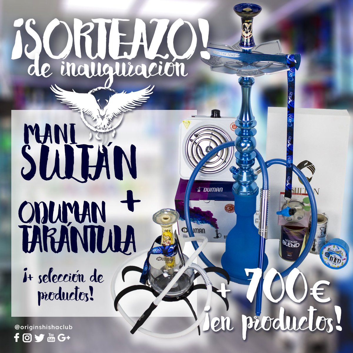 ¿Aún no has participado? ¡Sorteazo de inauguración! ¡PACK DE +700€! Síguenos, retwittea la imagen y menciona a 2 personas con las que te encantaría disfrutar del premio. #shisha #cachimba #hookah #smoke #sorteo #sevillahoy #madrid #malaga #granada #shishalife #hookahlove
