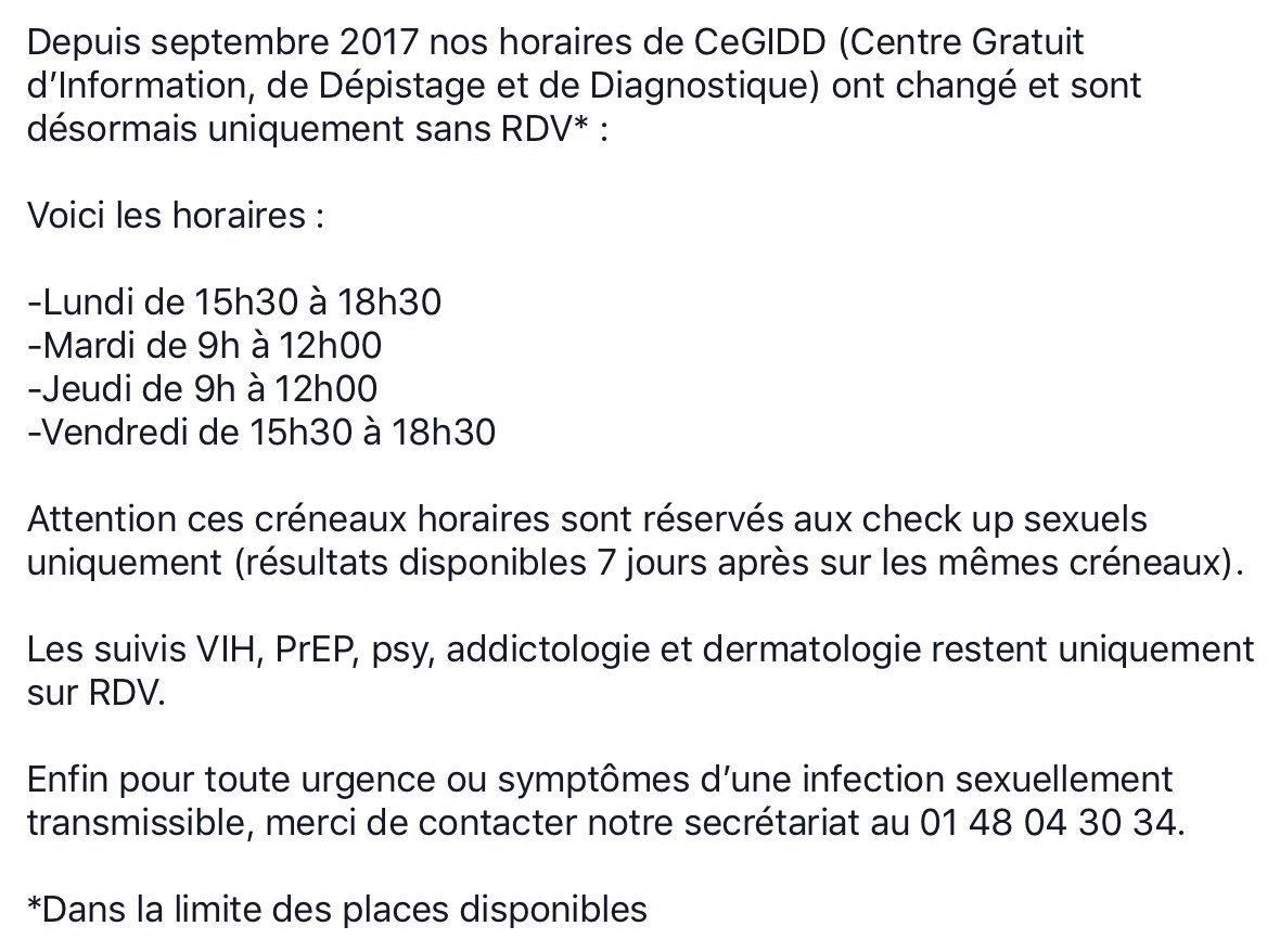 Le190_Paris's tweet photo. Nos horaires de CEGIDD (Centre Gratuit d’Information, de Dépistage et de Diagnostique) ont changé depuis septembre 2017 et sont désormais uniquement sans RDV. #Le190 #SanteSexuelle #LutteContreLeVIH #UequalsU https://t.co/lPwtfgbU9h