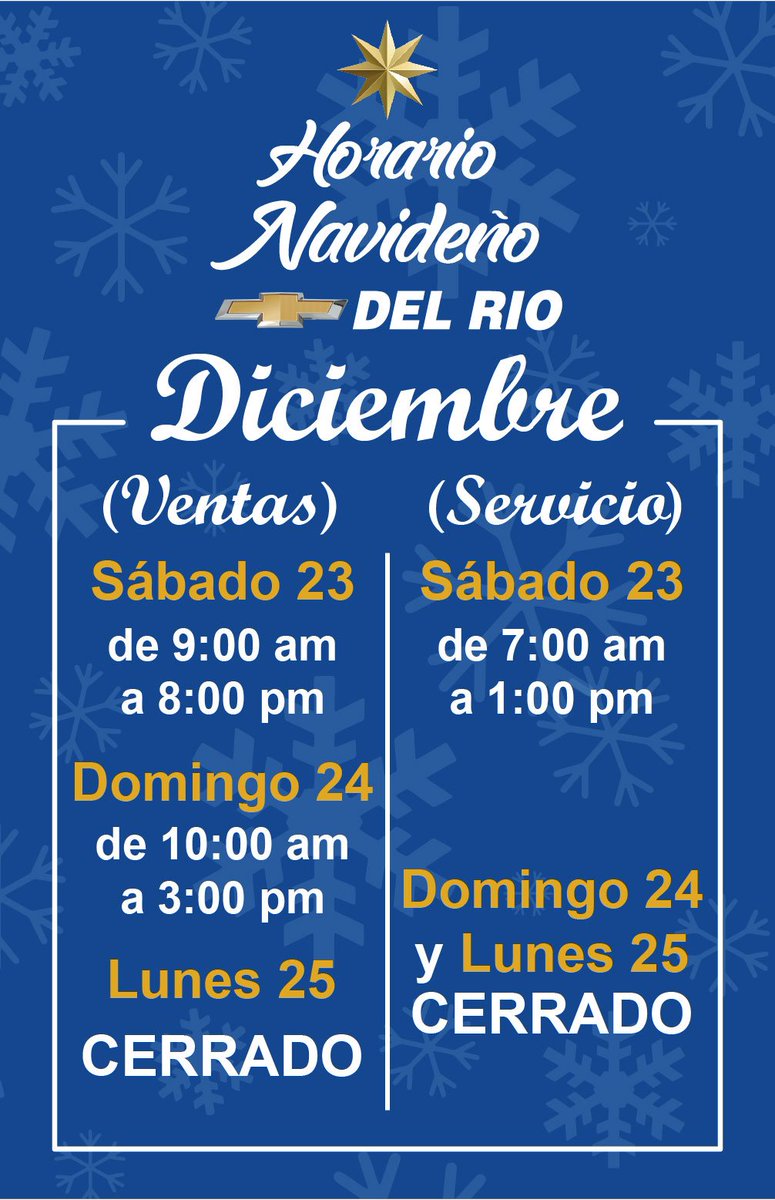 Chevroletdelrio's tweet photo. Para atenderte como tu te mereces, te brindamos nuestros horarios navideños 🎅🎅#FelizNavidad2017 #ChevroletdelRio https://t.co/6fCSpXVHiG