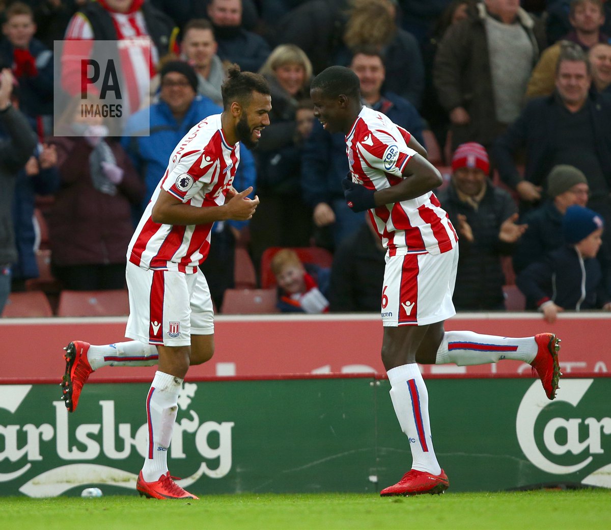 Pa Images On Twitter Stoke City S Eric Maxim Choupo Moting Left Celebrates Scoring His Side S Second Goal Of The Game With Team Mate Kurt Zouma Stowba Https T Co P93akxh81l Https T Co 31uuzkaro5