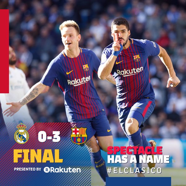 FCBarcelona_cat's tweet photo. ⏰ Final del partit al Bernabéu!
Reial Madrid 0-3 FC Barcelona
⚽️ Suárez, Messi i Aleix Vidal
🔴🔵 #ElClásico #ForçaBarça https://t.co/OCrE6NqTuY