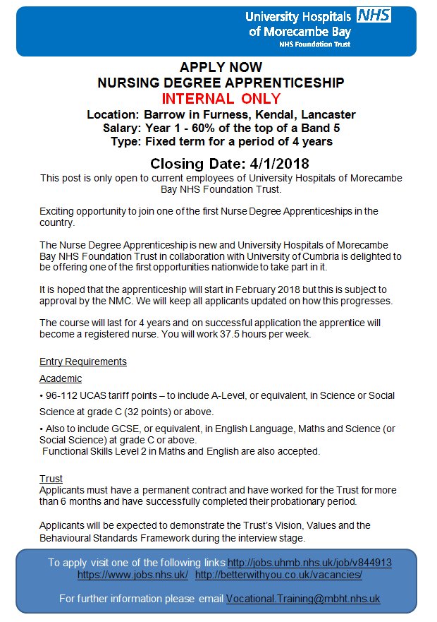 UHMBT's tweet photo. *INTERNAL VACANCY* We have teamed up with @CumbriaUni  to be able to offer UHMBT staff the opportunity to join one of the first Nurse degree apprenticeships in the country! Apply here https://t.co/upcqkRCAg6 https://t.co/fpPz9Qcu5K