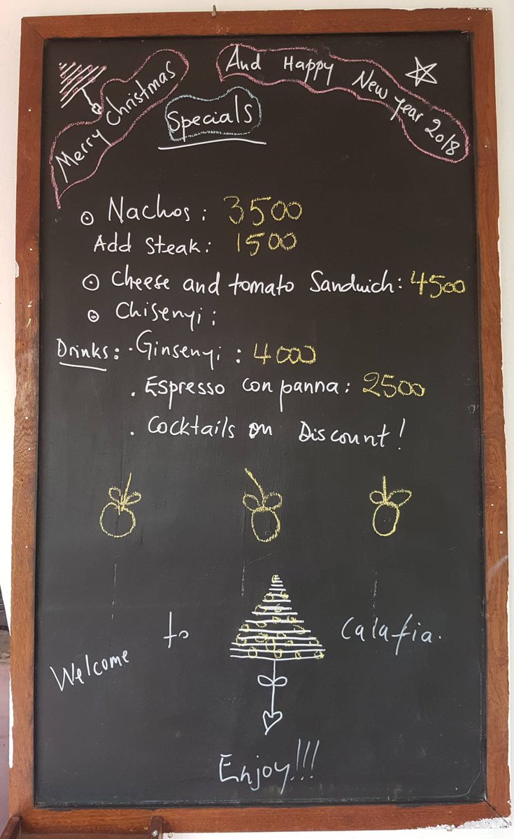 CalafiaCafeRW's tweet photo. Last minute Christmas specials at Calafia! Come and try it out! We wish you a very Happy Christmas time filled with fun and celebrations #christmas #christmasishere #holidaysarecoming #fun #happy #timetocelebrate #enjoy #menu #goodfood #cafe #gisenyi  #freshlymade #treatyourself https://t.co/ImYftHB3KT