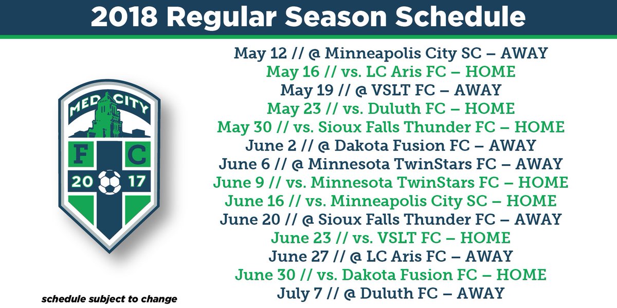 ICYMI: Our 2018 regular season schedule has been released. Mark your calendars! #NPSL2018 #NPSLNorth

Season tickets are available for purchase at our online club store:

squareup.com/store/medcityfc