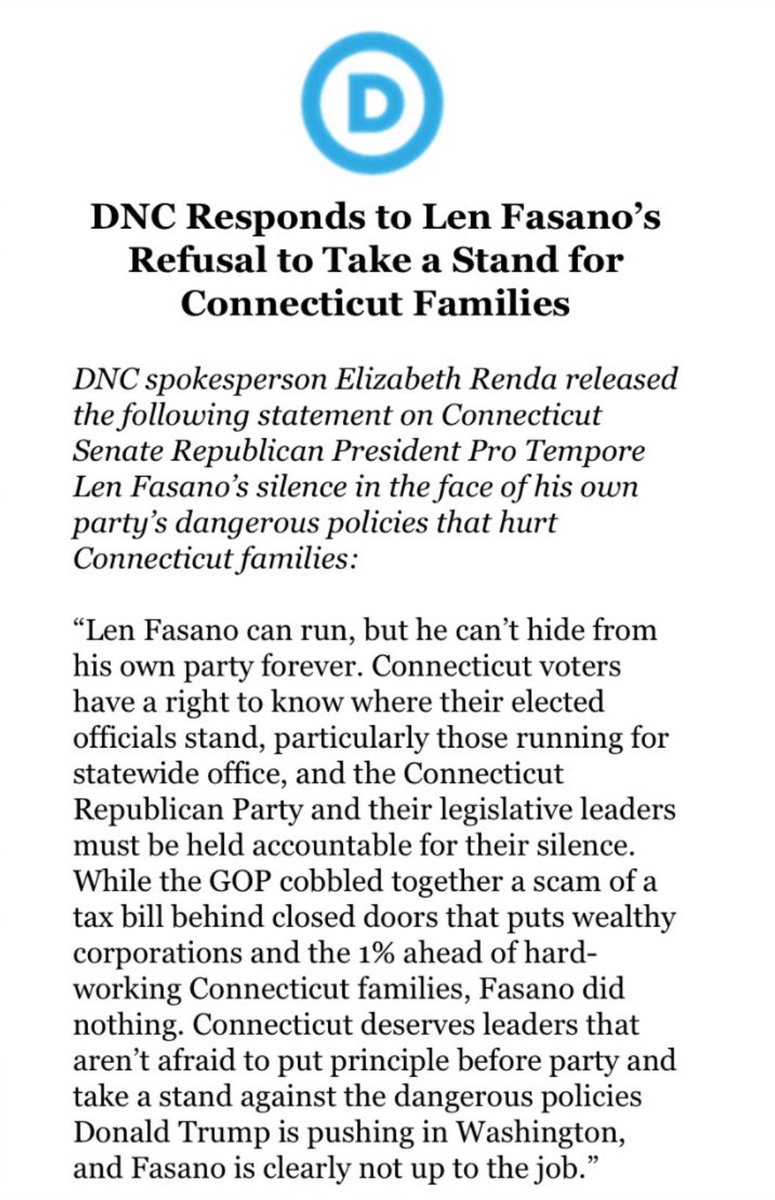 CTDems's tweet image. .@dncpress is 100% correct. CT deserves leaders who will put principle before party.  @LenFasano and @CTGOP are clearly not up to the job. #StandUpForUs